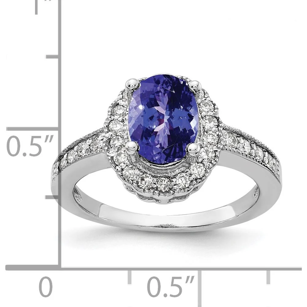 14K White Gold Oval Tanzanite and Diamond Halo Ring with Pavé-Set Accents - 1.35 Carat Tanzanite and 0.26 Carat Total Diamond Weight - Size 6 by Monteluci Fine Jewelry - Image 2