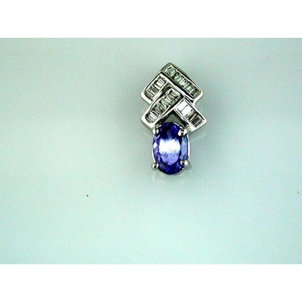 14K White Gold Oval Tanzanite & Round Diamond Pendant - 0.50 Carat Tanzanite and 0.12 Carat Total Diamond Weight - Royal Jewelry