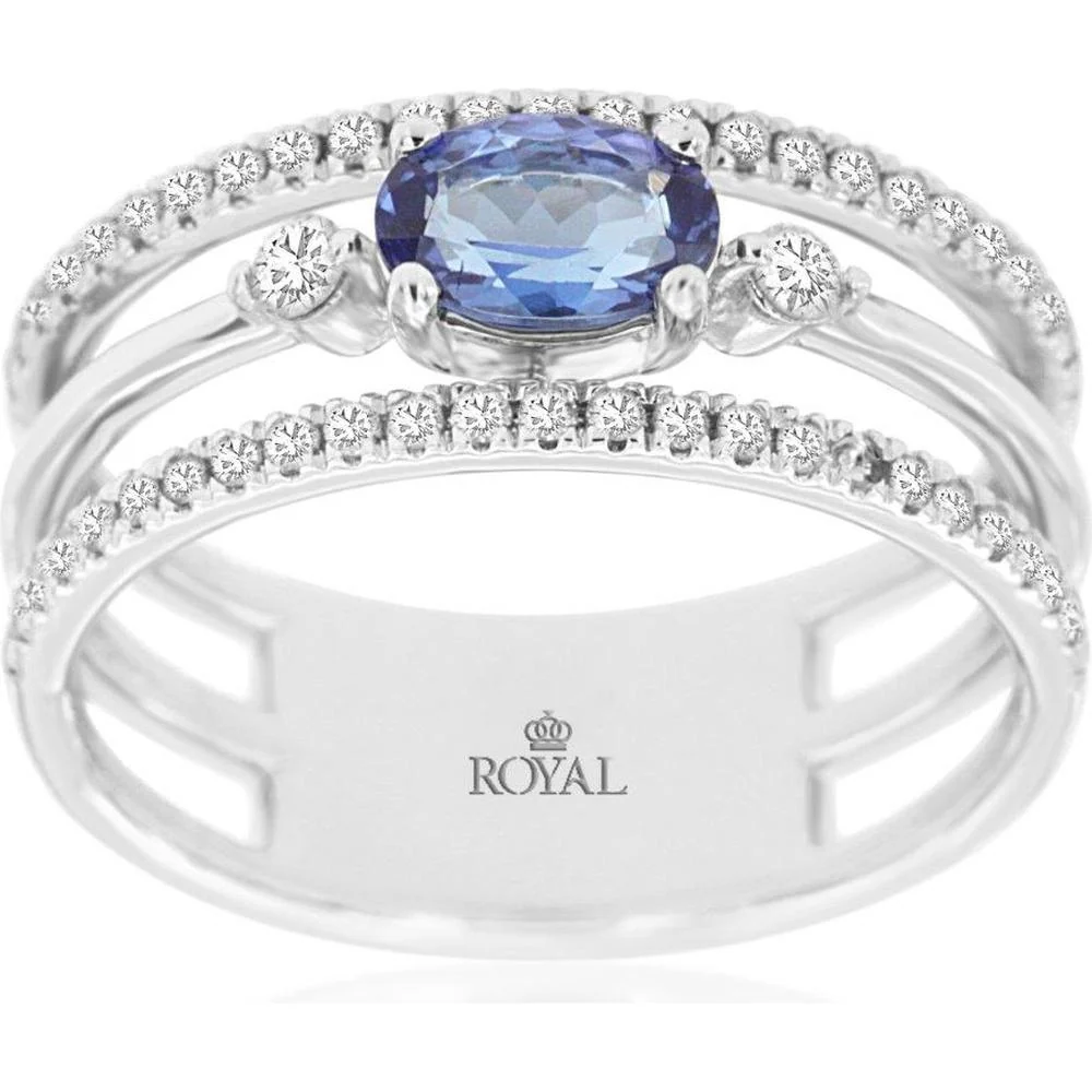14K White Gold Oval Tanzanite and Round Diamond Split Shank Ring - 0.50 Carat Tanzanite and 0.33 Carat Total Diamond Weight - Royal Jewelry