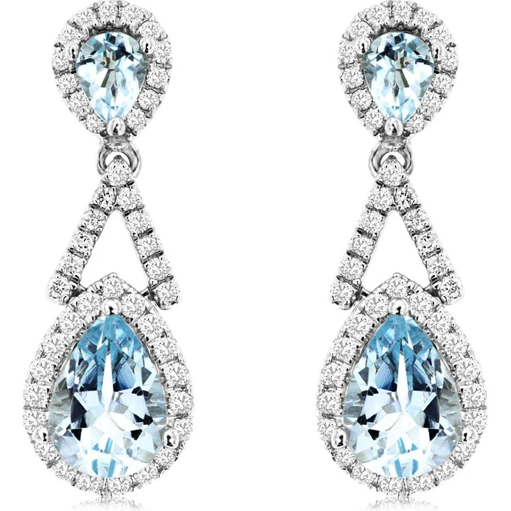 14K White Gold Pear-Shaped Aquamarine and Diamond Halo Drop Earrings - 1.95 Carat Total Gem Weight - Royal Jewelry