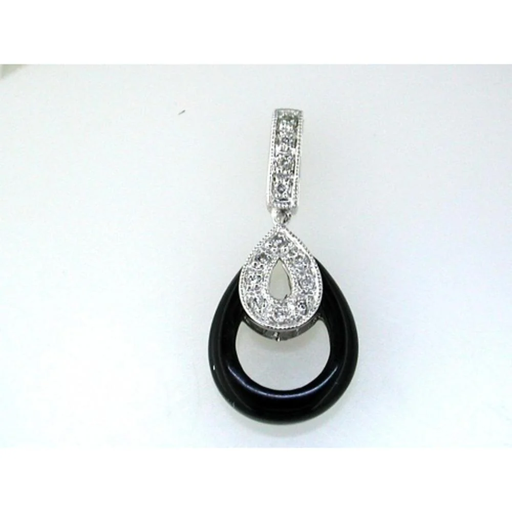 14K White Gold Pear-Shaped Onyx Drop Pendant with Round Diamond Accents - 0.06 Carat Total Diamond Weight - Royal Jewelry