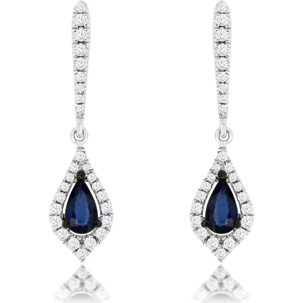 14K White Gold Pear Shaped Sapphire and Diamond Halo Drop Earrings with Lever Backs - 0.55 Carat Total Sapphire Weight, 0.22 Carat Total Diamond Weight - Royal Jewelry