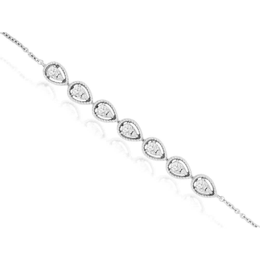14K White Gold Pear Station Bracelet with Prong Set Round Diamonds and Milgrain Detail - 0.27 Carat Total Diamond Weight - Royal Jewelry