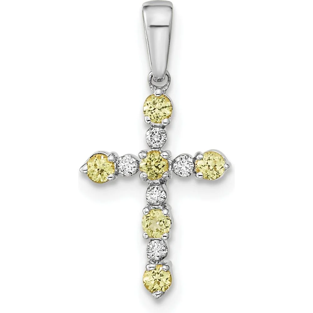 14K White Gold Peridot and Diamond Cross Pendant - 0.90 Carat Total Peridot Weight, 0.15 Carat Total Diamond Weight by Oro Pregiato