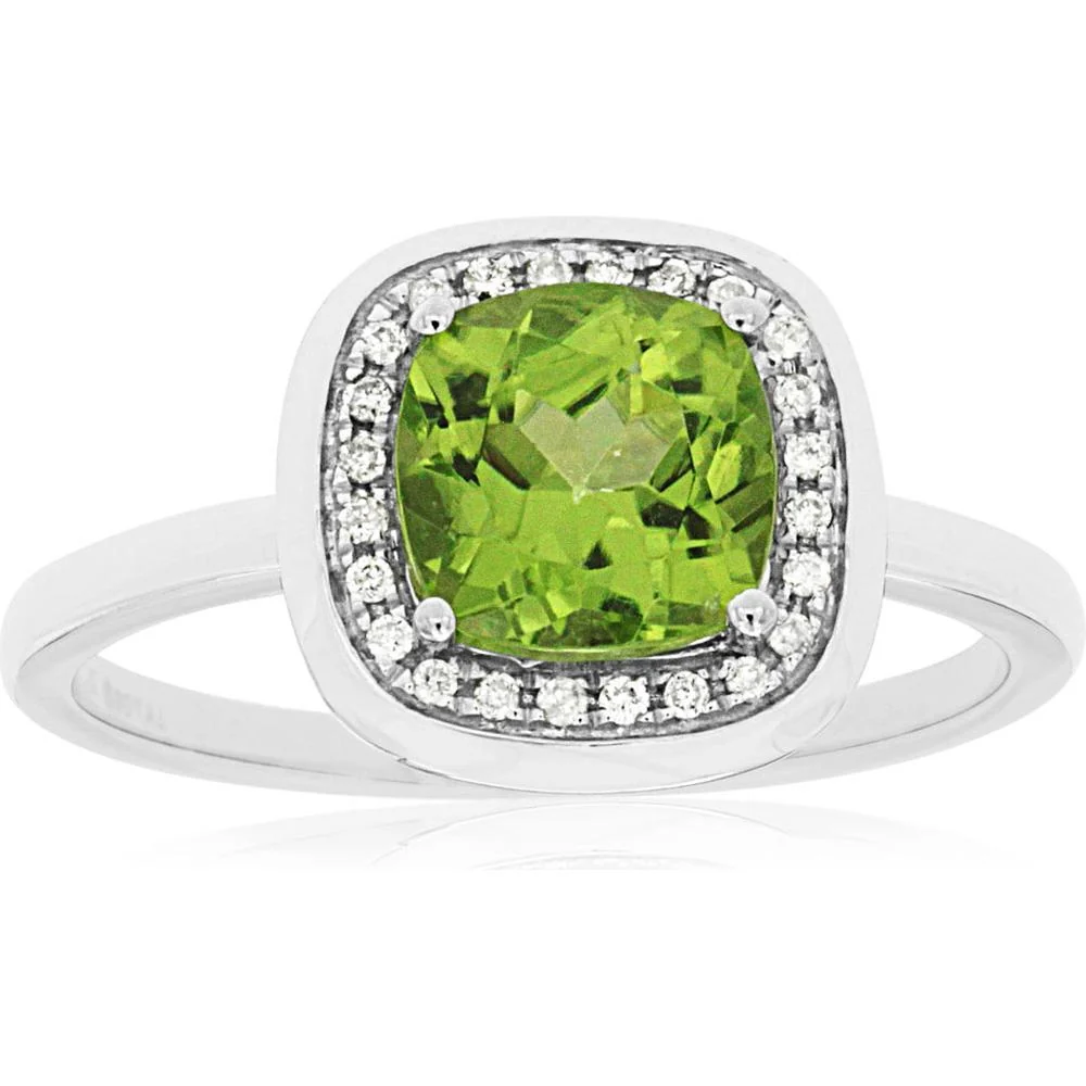 14K White Gold Peridot & Diamond Cushion Cut Halo Ring - 1.65 Carats Peridot, 0.09 Carats Diamond Total Weight - Royal Jewelry