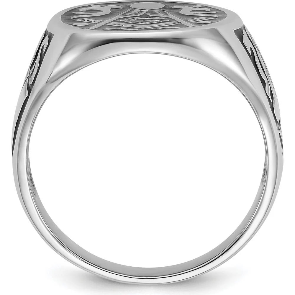 14K White Gold Polished and Grooved Men's Masonic Ring with Black Enamel Detailing - Size 10 by IBGoodman - Image 2