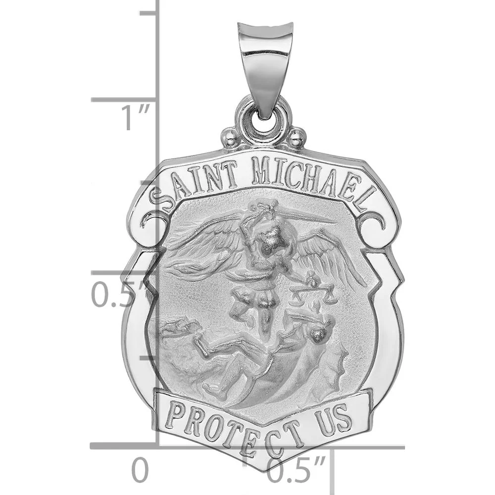 14K White Gold Polished and Satin Hollow Large St. Michael Medal Badge Pendant by Oro Pregiato - Image 3