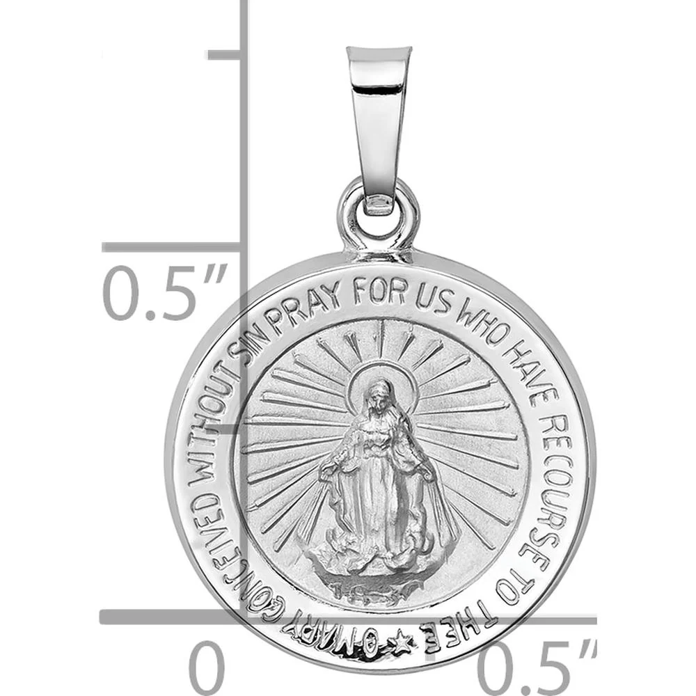 14K White Gold Polished and Satin Hollow Miraculous Medal Round Pendant by Oro Pregiato - Image 3