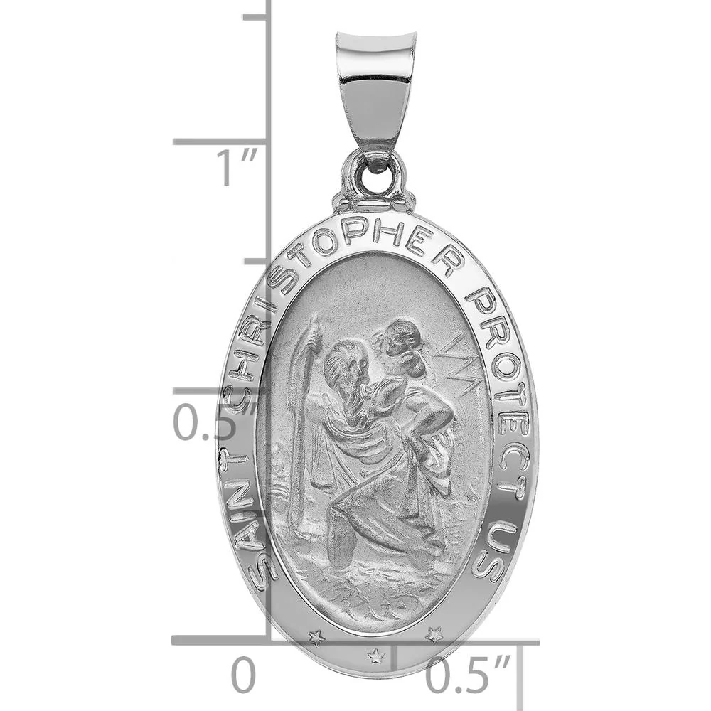 14K White Gold Polished and Satin St. Christopher Medal Oval Pendant - 33.5mm Length by Oro Pregiato - Image 4