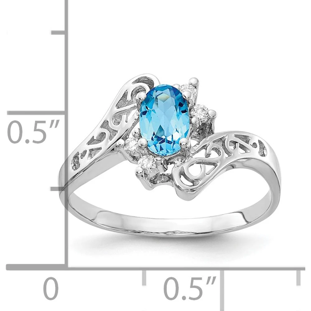 14K White Gold Polished Filigree Ring with Oval Gemstone and Diamond Accents - 0.06 Carat Total Diamond Weight - Size 6 by Monteluci Fine Jewelry - Image 3
