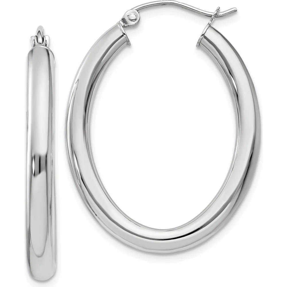 14K White Gold Polished Oval Tube Hoop Earrings - 32mm Length by Oro Pregiato