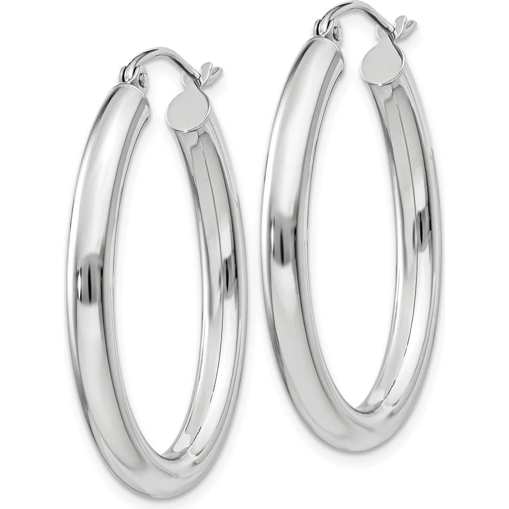 14K White Gold Polished Oval Tube Hoop Earrings - 32mm Length by Oro Pregiato - Image 2