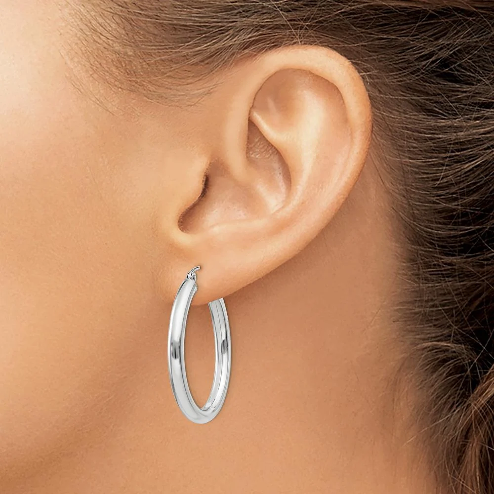 14K White Gold Polished Oval Tube Hoop Earrings - 32mm Length by Oro Pregiato - Image 3