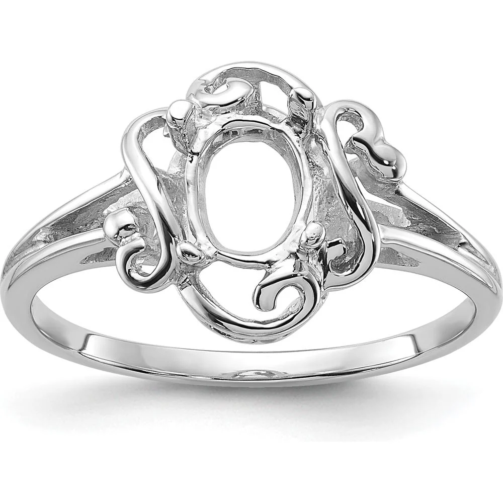 14K White Gold Polished Split Shank Ring Mounting with Ornate Scrollwork for 7x5mm Oval Gemstone - Size 6 by Monteluci Fine Jewelry