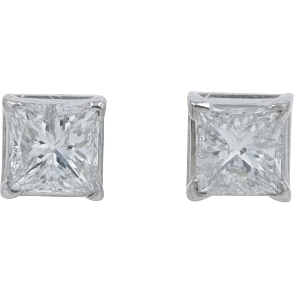 14K White Gold Princess Cut Diamond Stud Earrings - 0.72 Carat Total Diamond Weight