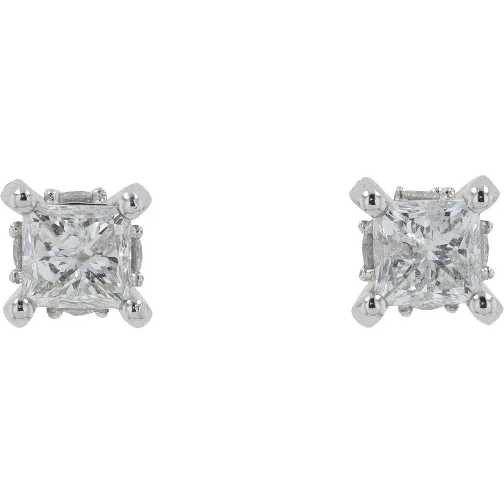 14K White Gold Princess Cut Diamond Stud Earrings - 1.00 Carat Total Diamond Weight - Image 2