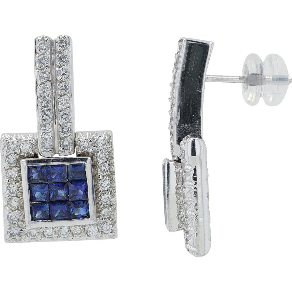 14K White Gold Princess Cut Sapphire Earrings with Diamond Halo - 1.00 Carat Sapphire, 1.50 Carat Diamond Total Weight - Image 2