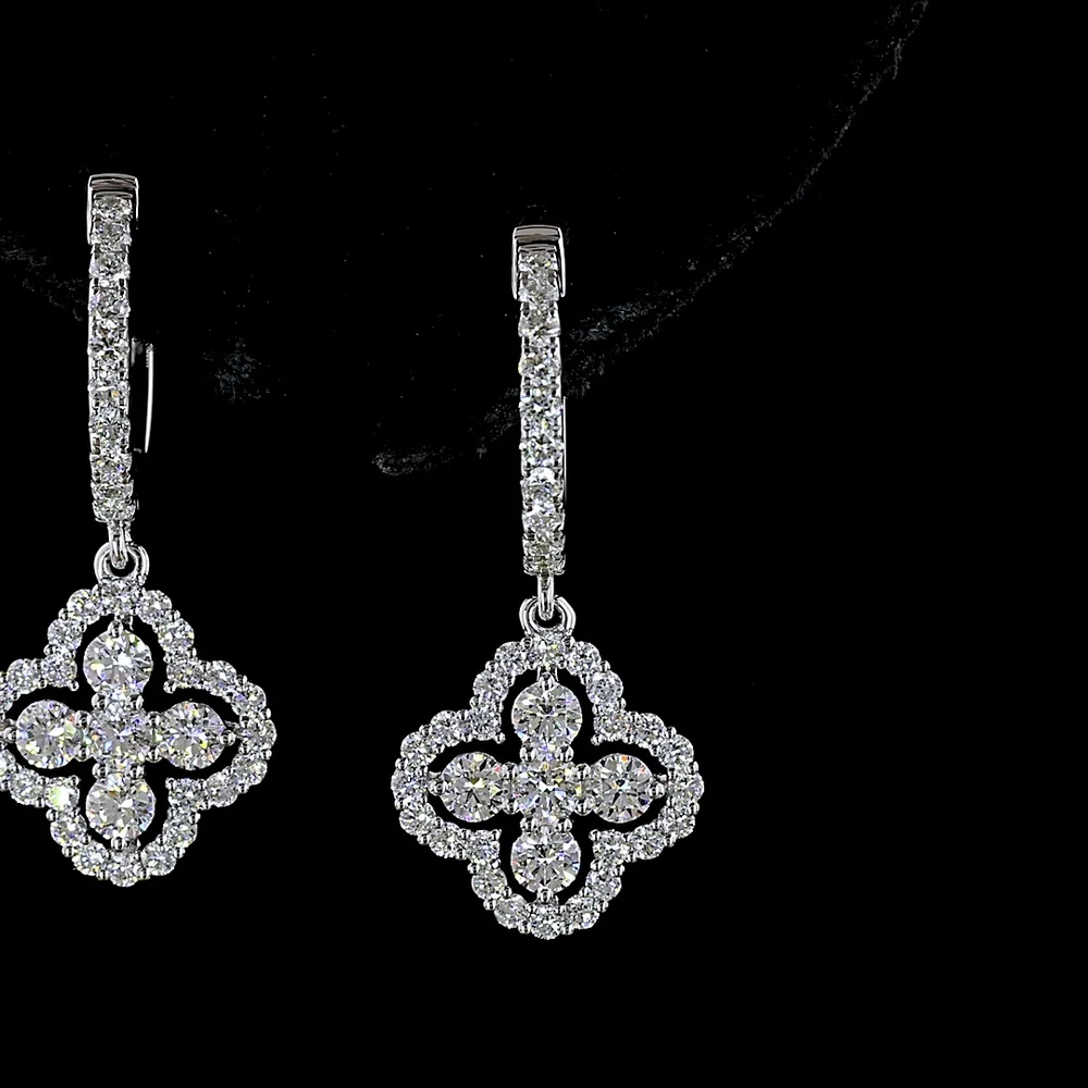14K White Gold Quatrefoil Drop Earrings with 1.07 Carats Total Lab Diamonds - Round Brilliant Cut, Hinged Hoop Backs, E-F VS2 Clarity - Covaloro Fine Jewelry - Image 2