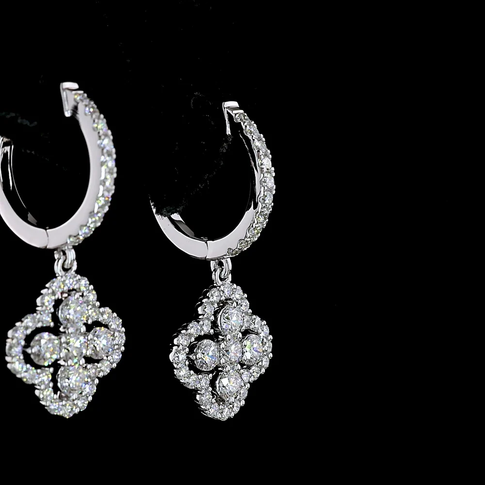 14K White Gold Quatrefoil Drop Earrings with 1.07 Carats Total Lab Diamonds - Round Brilliant Cut, Hinged Hoop Backs, E-F VS2 Clarity - Covaloro Fine Jewelry - Image 4