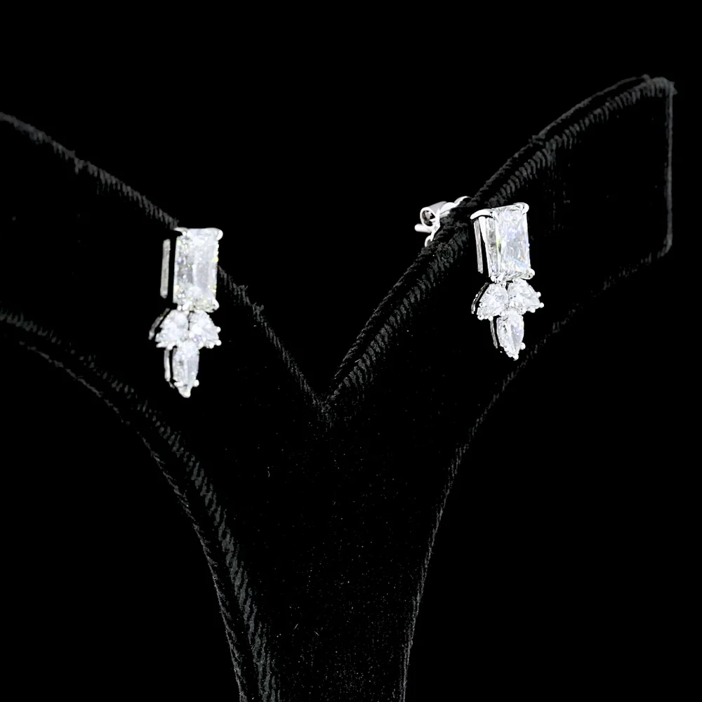 14K White Gold Radiant and Pear Shape Lab Diamond Hanging Earrings - 2.9 Carat Total Weight, E VVS2 and E VS2 Clarity - Covaloro Fine Jewelry