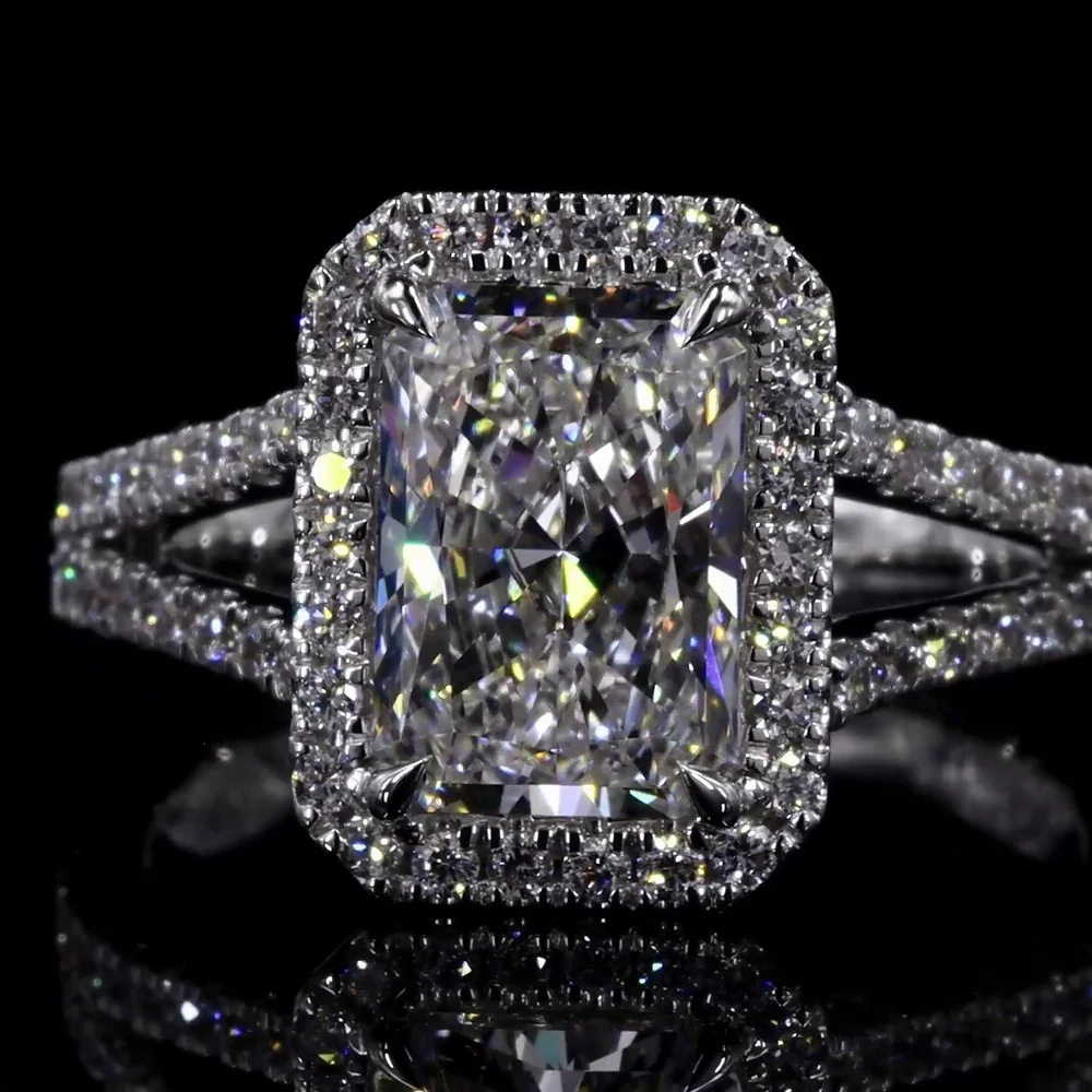 14K White Gold Radiant Cut Split Shank Engagement Ring with Halo and Accented Shoulders - 2.67 Carats Total Lab Diamond Weight, F VS1 Center - Covaloro Fine Jewelry - Image 3