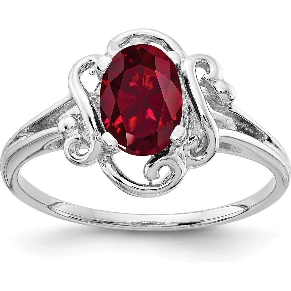 14K White Gold Ring with 7x5mm Oval Lab-Created Ruby in Scrollwork Setting - Size 6 by Monteluci Fine Jewelry