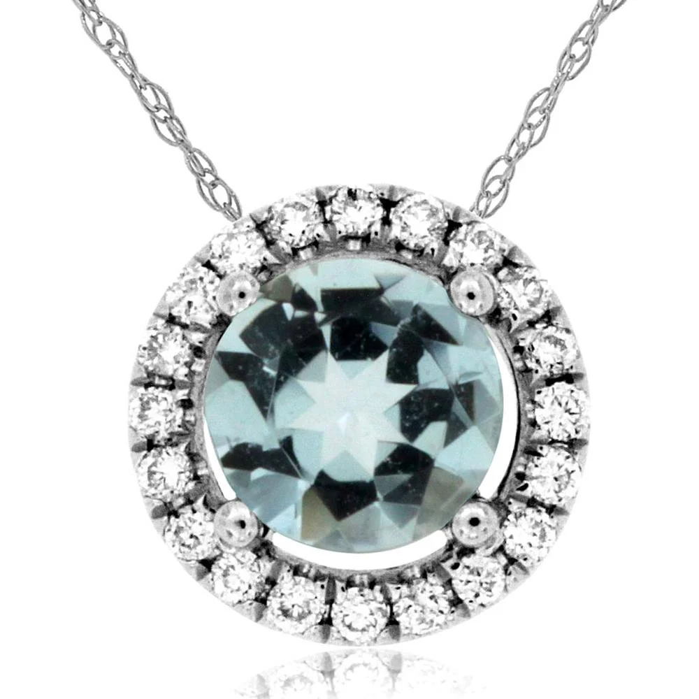 14K White Gold Round Aquamarine & Diamond Halo Pendant Necklace - 0.44 Carat Aquamarine & 0.08 Carat Total Diamond Weight - Royal Jewelry
