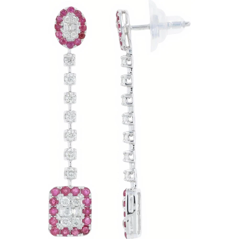 14K White Gold Ruby and Diamond Drop Earrings - 1.10 Carat Total Ruby Weight, 0.75 Carat Total Diamond Weight - Image 2