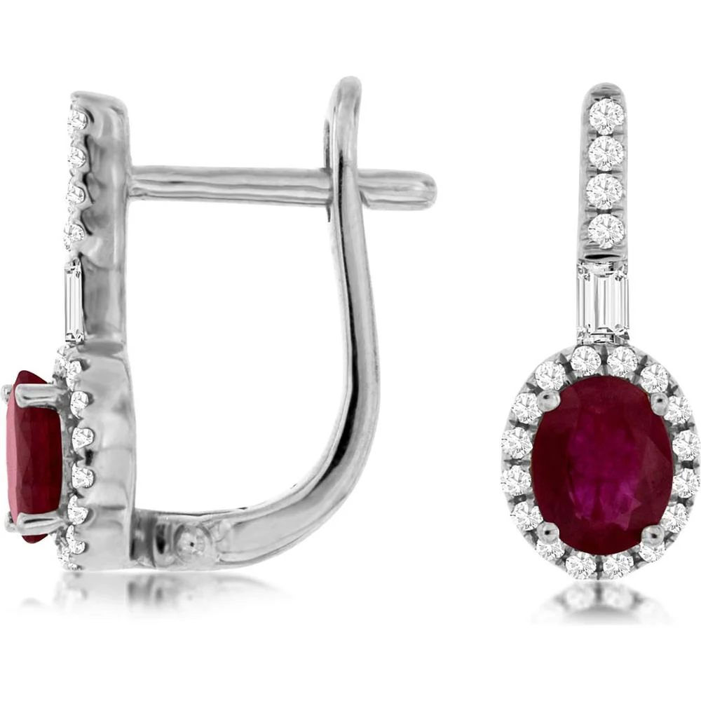 14K White Gold Ruby & Diamond Halo Earrings with Oval Rubies and Baguette Diamonds - 1.64 Carats Total Gem Weight - Royal Jewelry