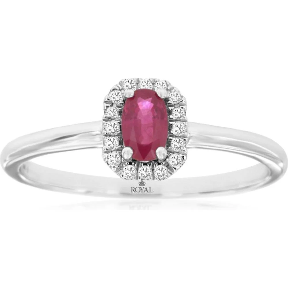 14K White Gold Ruby & Diamond Halo Ring - 0.25 Carats Ruby, 0.06 Carats Total Diamond Weight - Royal Jewelry