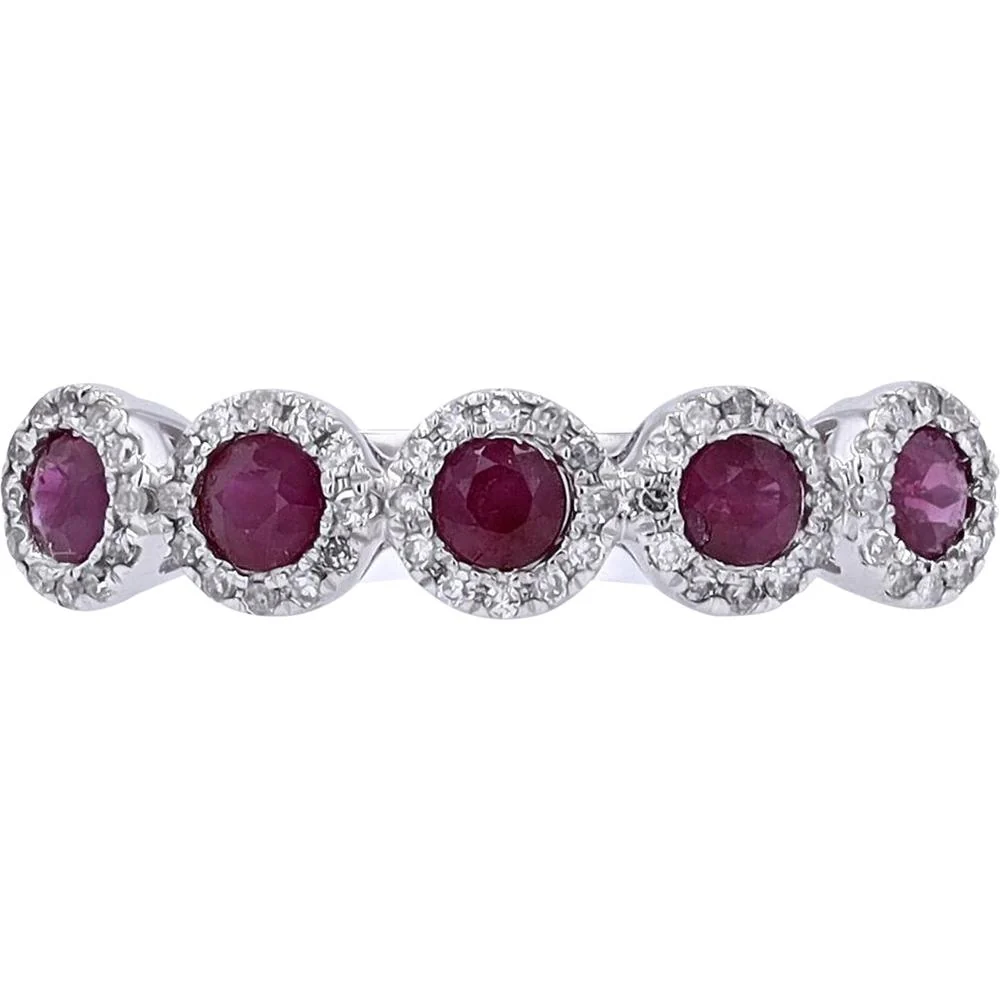 14K White Gold Ruby and Diamond Halo Stackable Band - 0.70 Carat Ruby, 0.13 Carat Total Diamond Weight