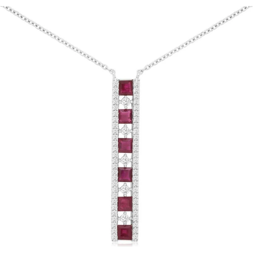 14K White Gold Ruby and Diamond Vertical Pendant Necklace with 1.20 Carat Rubies and 0.40 Carat Total Diamond Weight - Royal Jewelry
