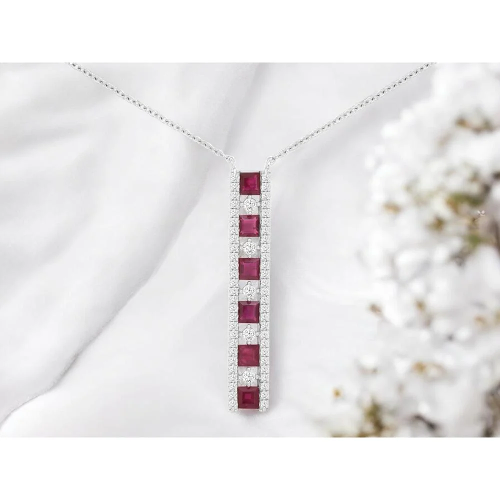 14K White Gold Ruby and Diamond Vertical Pendant Necklace with 1.20 Carat Rubies and 0.40 Carat Total Diamond Weight - Royal Jewelry - Image 2