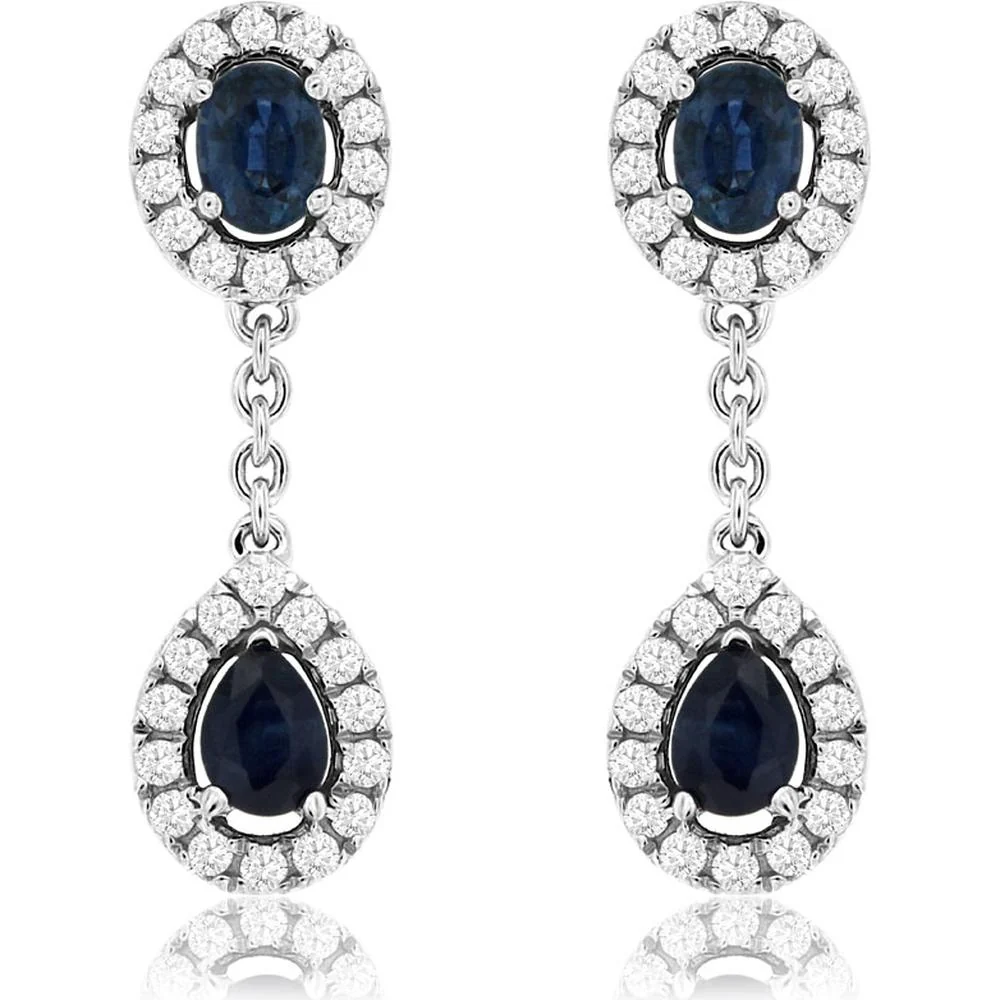 14K White Gold Sapphire and Diamond Drop Earrings - 1.16 Carats Total Gemstone Weight - Royal Jewelry