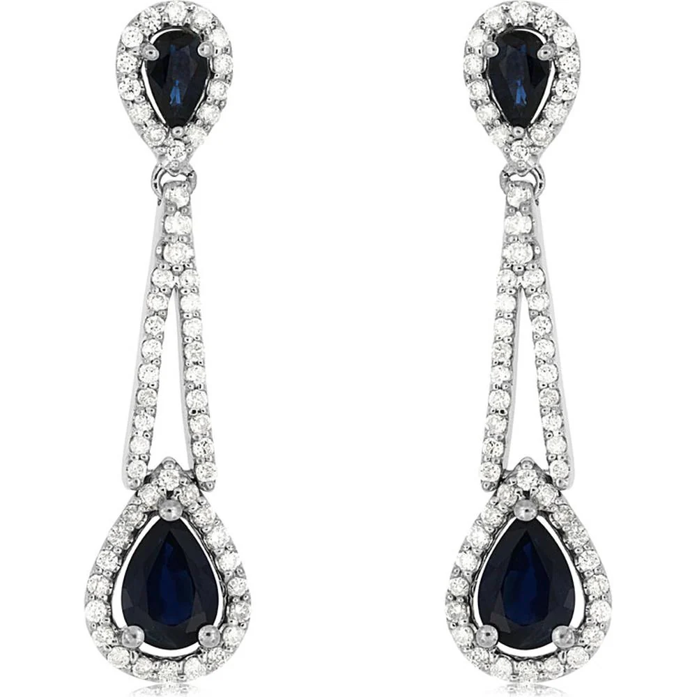14K White Gold Sapphire & Diamond Drop Earrings with Pear-Shaped Sapphires - 2.40 Carats Total Sapphire Weight - Royal Jewelry