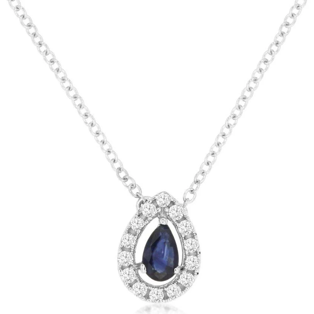 14K White Gold Sapphire & Diamond Halo Pendant Necklace - 0.42 Carats Total Gemstone Weight - Royal Jewelry