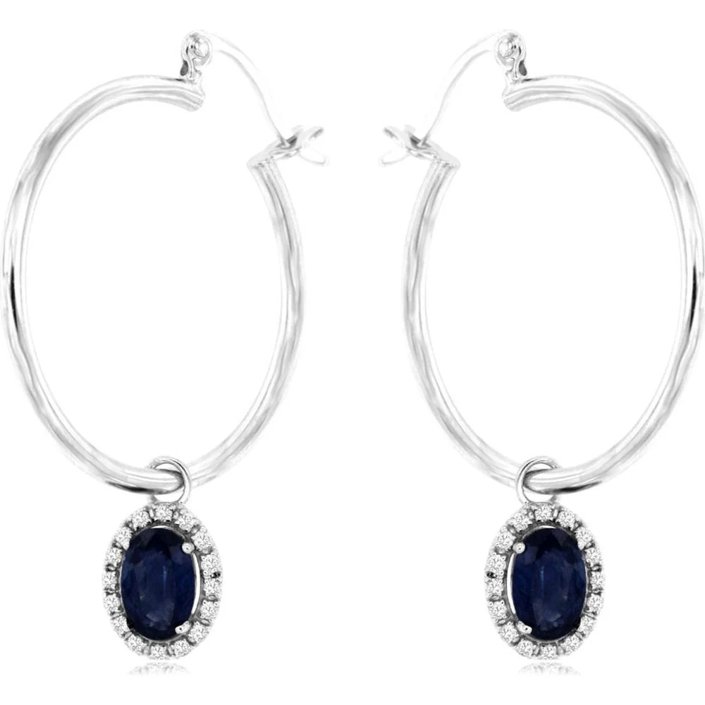 14K White Gold Sapphire & Diamond Large Hoop Earrings with Oval Sapphire - 1.43 Carats Total Gem Weight - Royal Jewelry