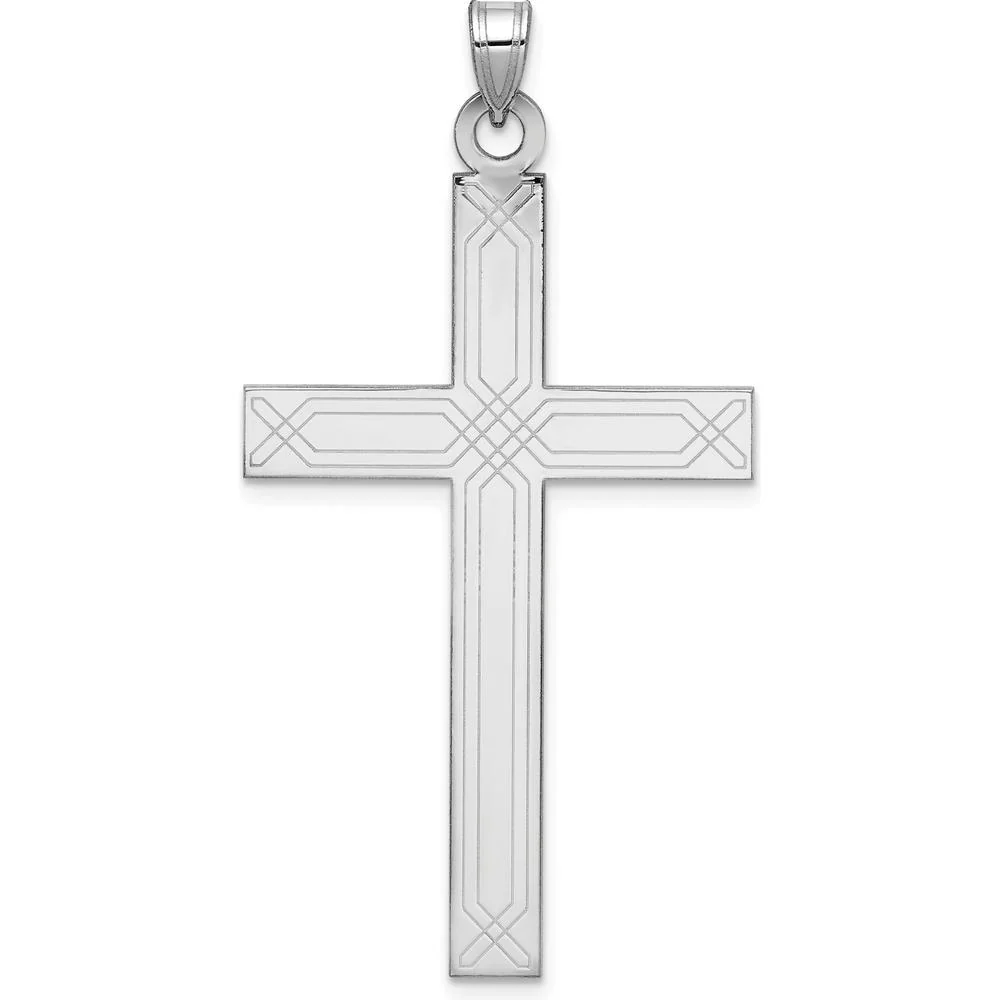 14K White Gold Solid Laser Etched Cross Pendant with Rhodium Plating by Oro Pregiato
