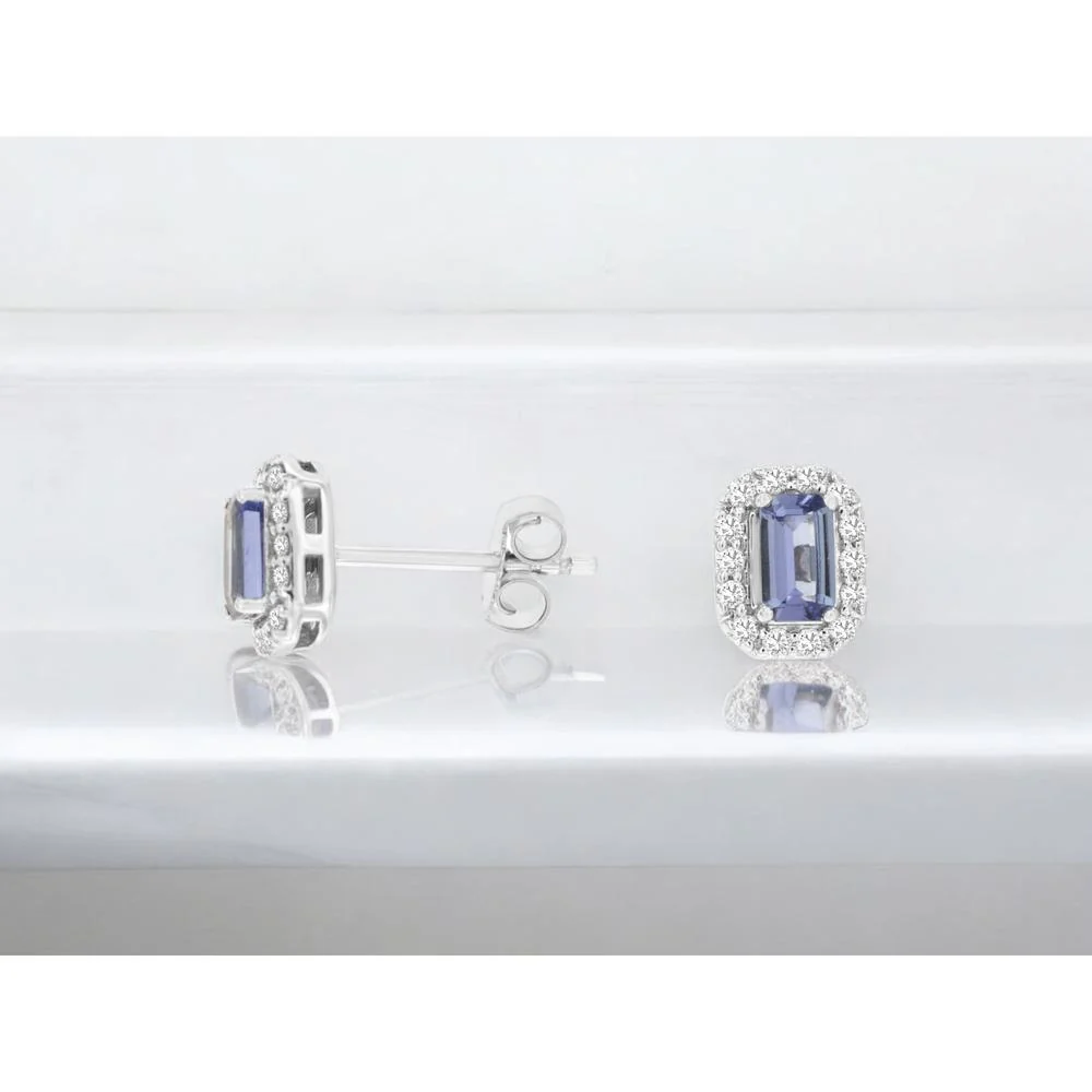14K White Gold Stud Earrings with Emerald-Cut Tanzanites and Diamond Halo - 0.64 Carat Total Tanzanite Weight - Royal Jewelry - Image 2