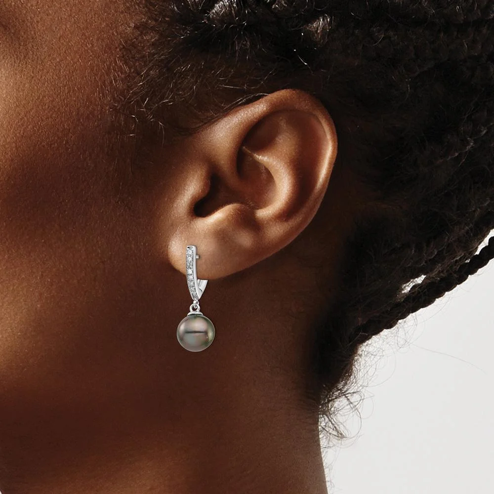 14K White Gold Tahitian Black Pearl and Diamond Dangle Earrings - 0.10 Carat Total Diamond Weight by Monteluci Fine Jewelry - Image 3