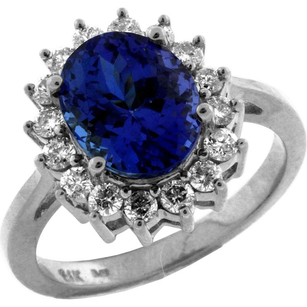 14K White Gold Tanzanite & Diamond Halo Ring - 2.90 Carats Tanzanite & 0.65 Carats Total Diamond Weight - Royal Jewelry
