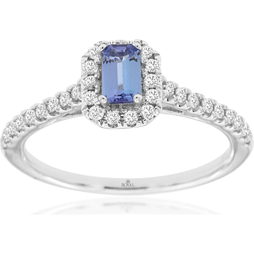14K White Gold Tanzanite & Diamond Halo Ring with Emerald Cut Tanzanite - 0.32 Carats Tanzanite, 0.30 Carats Total Diamond Weight - Royal Jewelry