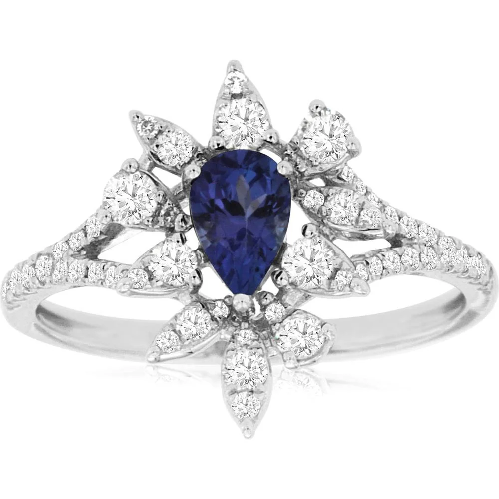 14K White Gold Tanzanite & Diamond Ring with Pear-Shaped Tanzanite - 0.42 Carats Tanzanite, 0.45 Carats Total Diamond Weight - Royal Jewelry