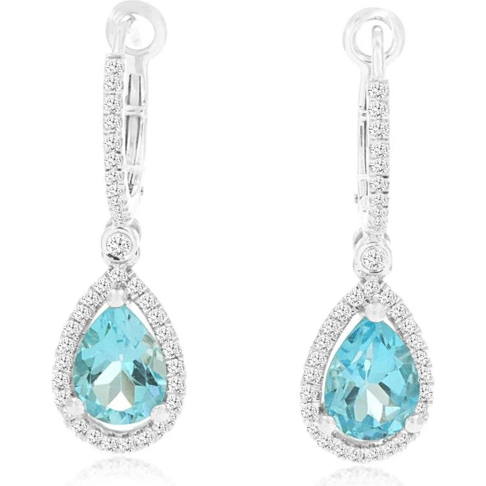 14K White Gold Teardrop Blue Topaz and Diamond Halo Earrings - 2.40 Carats Total Blue Topaz Weight - Royal Jewelry