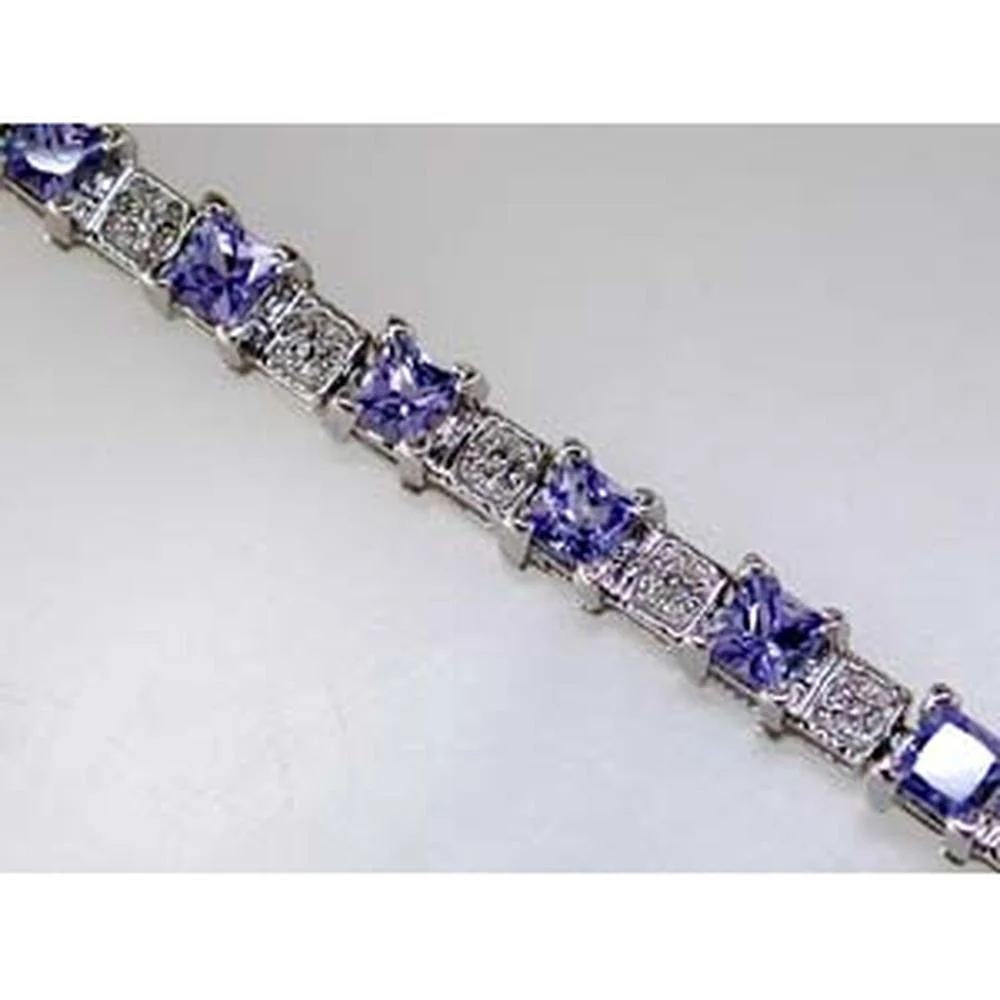 14K White Gold Tennis Bracelet with Princess Cut Tanzanite and Round Diamond Accents - 4.20 Carat Total Tanzanite Weight and 0.15 Carat Total Diamond Weight - Royal Jewelry