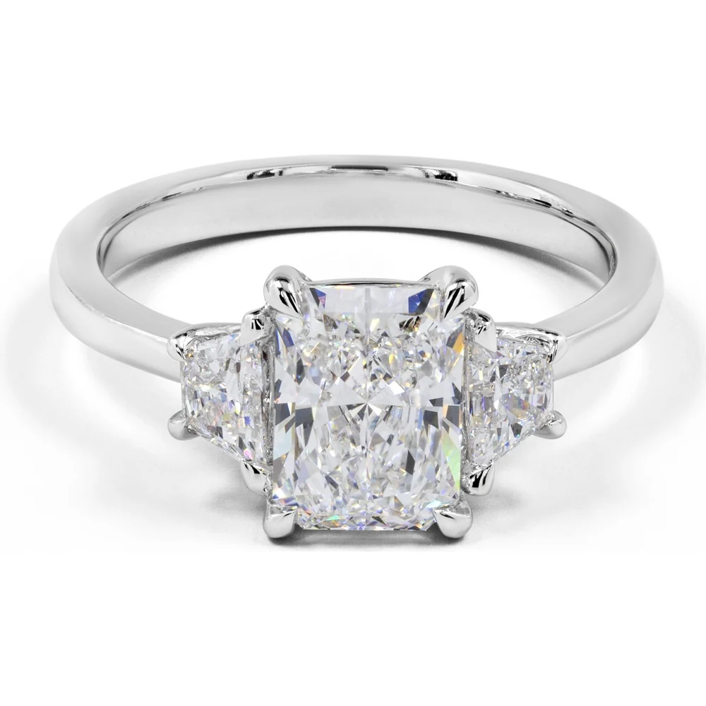14K White Gold Three-Stone Ring with North-South Radiant Cut Lab Diamond and Side Stones, 1.34 Carat Total Diamond Weight, E-F Color VS1 Clarity - Covaloro Fine Jewelry