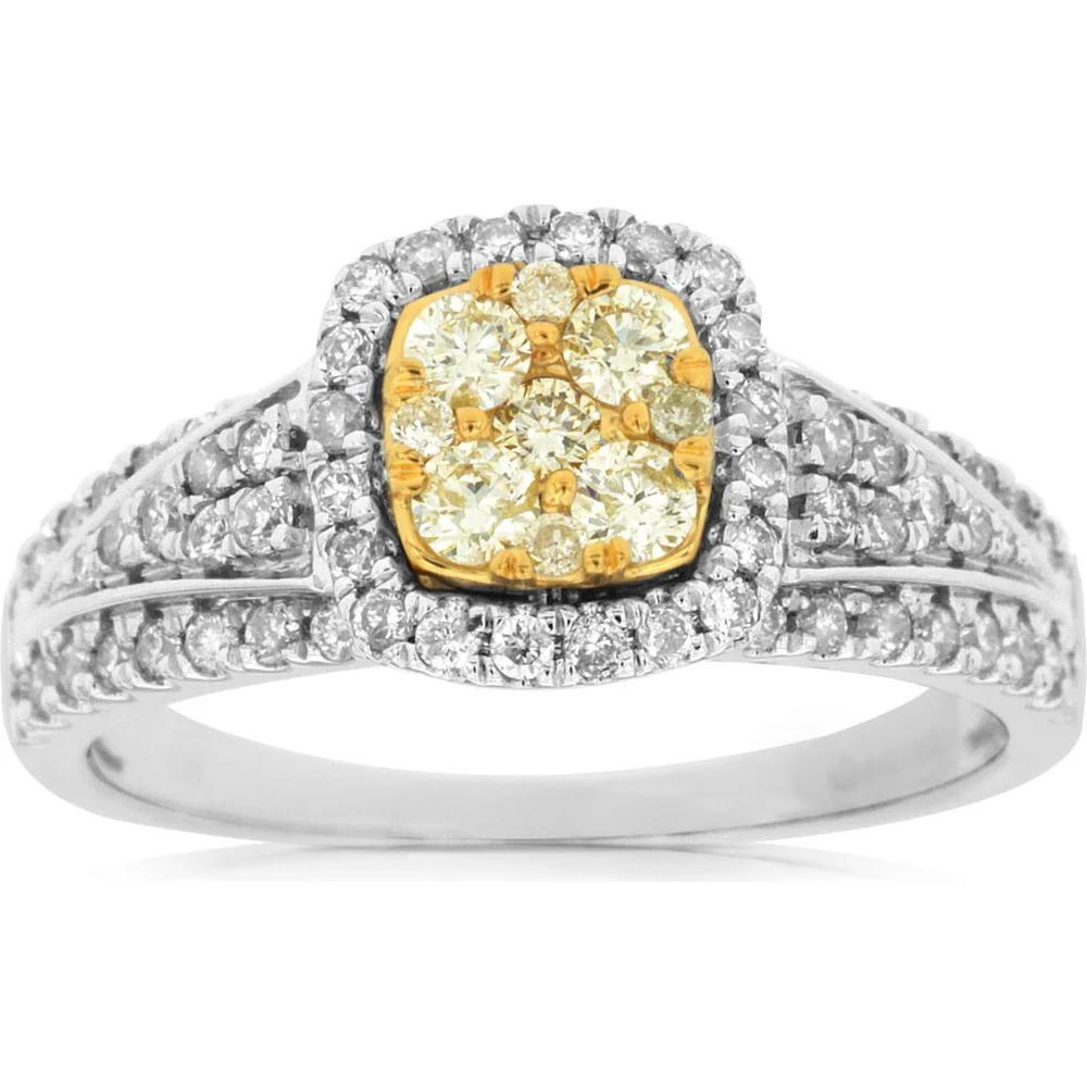 14K White Gold Yellow Diamond & Diamond Halo Ring - 0.51 Carats Total Diamond Weight - Royal Jewelry