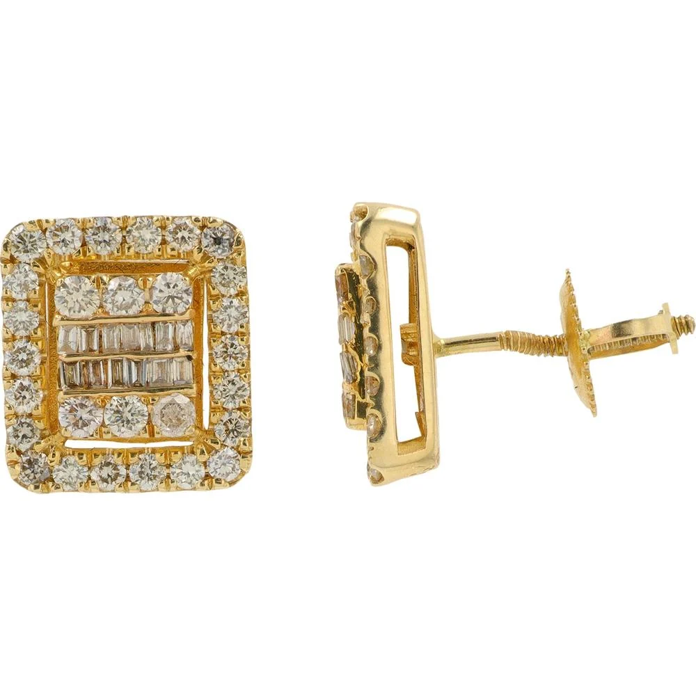 14K Yellow Gold 1.18 Carat Total Weight Diamond Stud Earrings with Round and Baguette Diamonds - Image 2