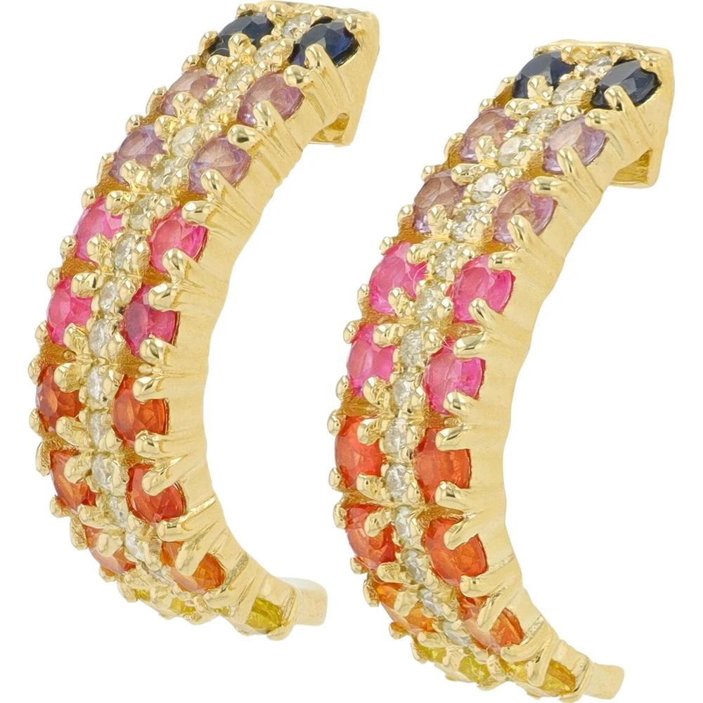 14K Yellow Gold 1.50 Carat Multi Sapphire and Diamond Hoop Earrings - 0.50 Carat Total Diamond Weight
