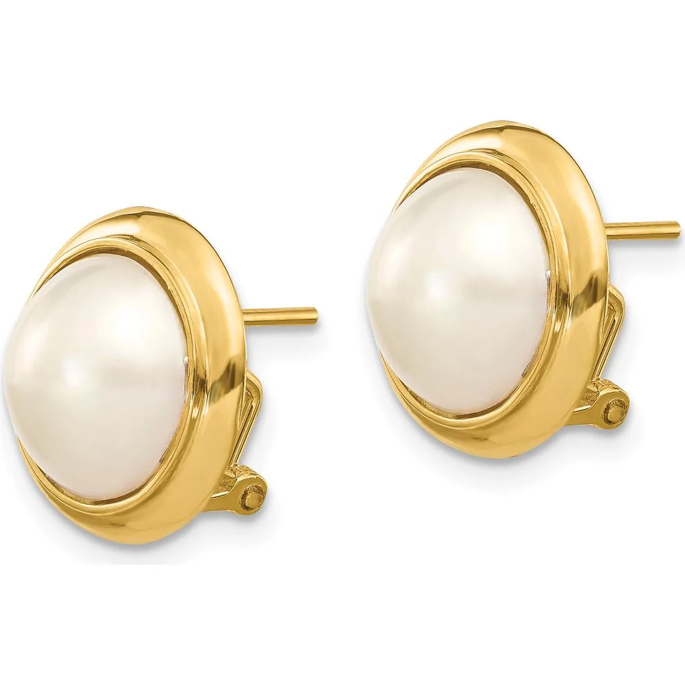 14K Yellow Gold 10-11mm White Freshwater Cultured Mabe Pearl Omega Back Earrings by Monteluci Fine Jewelry - Image 2